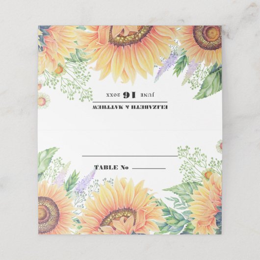 Rustige landelijke zonnebloempetafel plaatskaartje (Buitenkant ongevouwen)