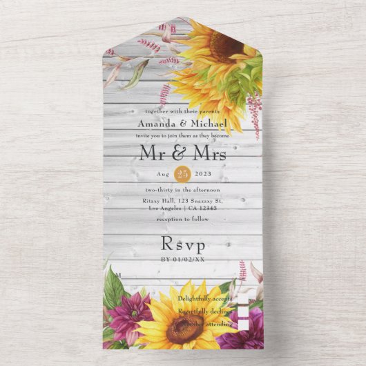 Rustige landelijke zonnebloempjes in één i all in one uitnodiging (Binnen)