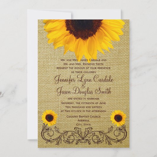 Rustige landen - Sunflower Burlap Wedding Invites Kaart (Voorkant)