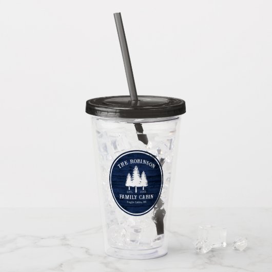 Rustige landengezinscabine Trees Blue Wood Print Acryl Drinkbeker (Voorkant ijs)