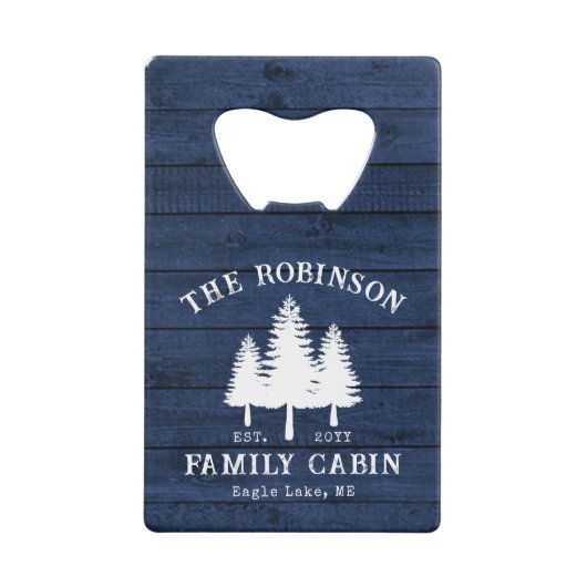 Rustige landengezinscabine Trees Blue Wood Print Creditkaart Flessenopener (Voorkant)