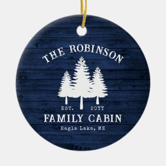 Rustige landengezinscabine Trees Blue Wood Print Keramisch Ornament (Voorkant)