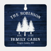 Rustige landengezinscabine Trees Blue Wood Print Metalen Ornament (Voorkant)