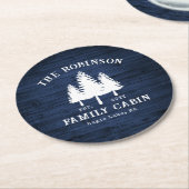 Rustige landengezinscabine Trees Blue Wood Print Ronde Kartonnen Onderzetter (Gebogen)