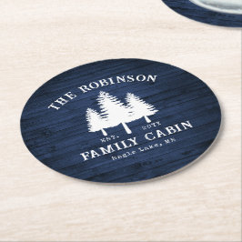 Rustige landengezinscabine Trees Blue Wood Print Ronde Kartonnen Onderzetter