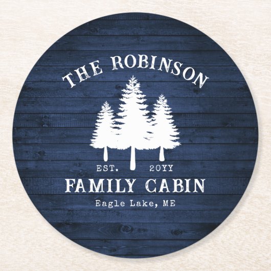 Rustige landengezinscabine Trees Blue Wood Print Ronde Kartonnen Onderzetter (Voorkant)