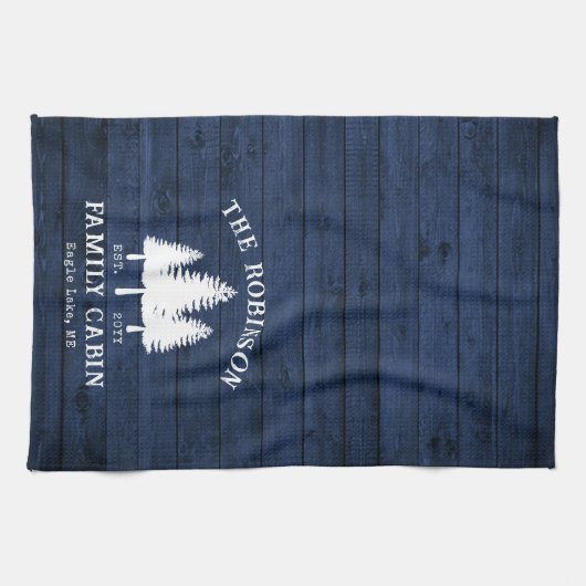 Rustige landengezinscabine Trees Blue Wood Print Theedoek (Horizontaal)