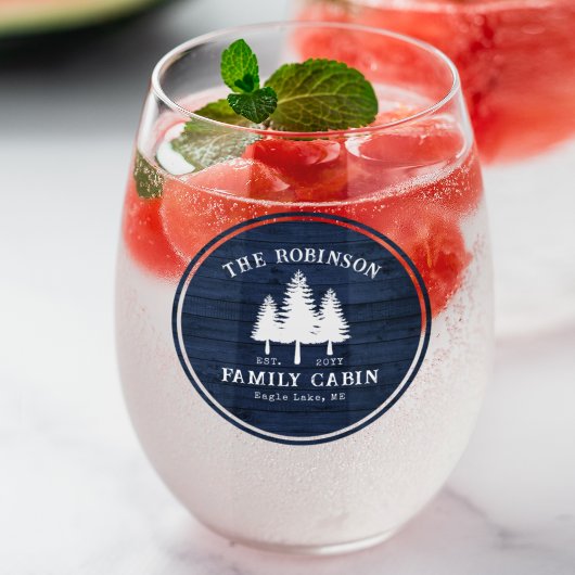 Rustige landengezinscabine Trees Blue Wood Print Wijnglas Zonder Voet