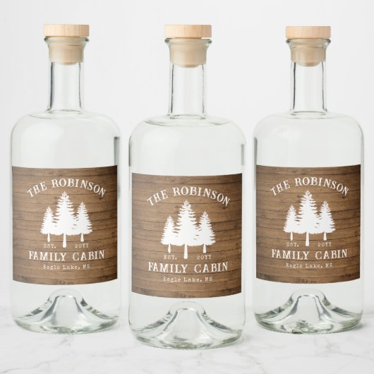 Rustige landengroep Cabin Trees Wood Plank Afdrukk Likeurfles Etiket (Flessen)