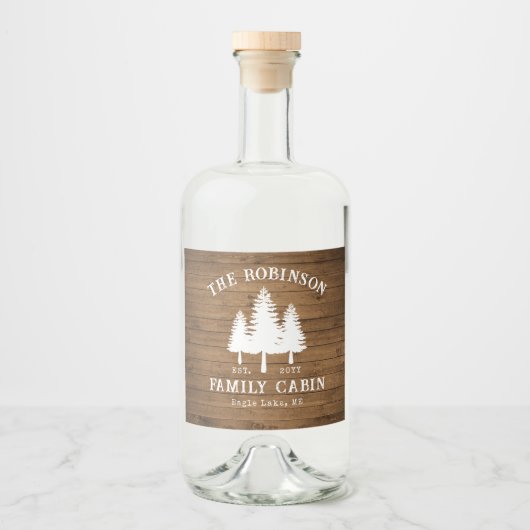 Rustige landengroep Cabin Trees Wood Plank Afdrukk Likeurfles Etiket (Voorkant)