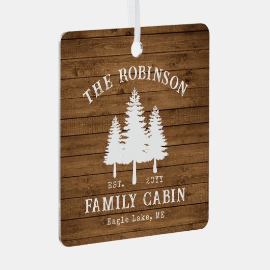 Rustige landengroep Cabin Trees Wood Plank Afdrukk Metalen Ornament (Voorkant Rechts)