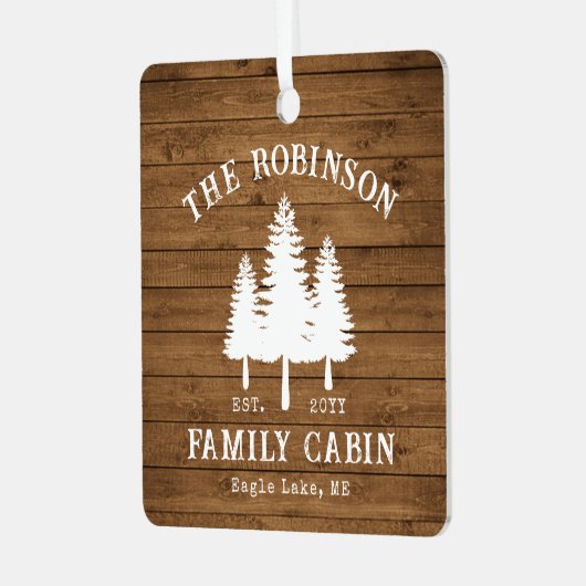 Rustige landengroep Cabin Trees Wood Plank Afdrukk Metalen Ornament (Voorkant links)