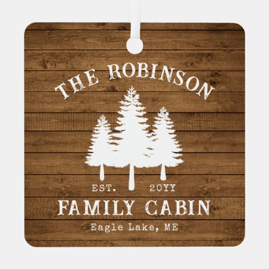 Rustige landengroep Cabin Trees Wood Plank Afdrukk Metalen Ornament (Achterkant)