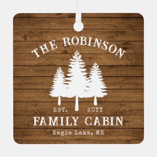 Rustige landengroep Cabin Trees Wood Plank Afdrukk Metalen Ornament (Voorkant)