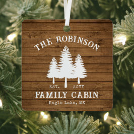 Rustige landengroep Cabin Trees Wood Plank Afdrukk Metalen Ornament