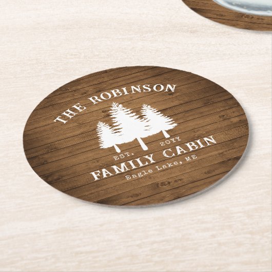 Rustige landengroep Cabin Trees Wood Plank Afdrukk Ronde Kartonnen Onderzetter (Gebogen)