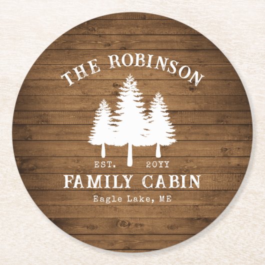 Rustige landengroep Cabin Trees Wood Plank Afdrukk Ronde Kartonnen Onderzetter (Voorkant)