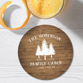 Rustige landengroep Cabin Trees Wood Plank Afdrukk Ronde Kartonnen Onderzetter