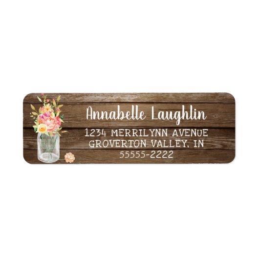 Rustige landhouten Mason Jar Flowers Etiket (Voorkant)