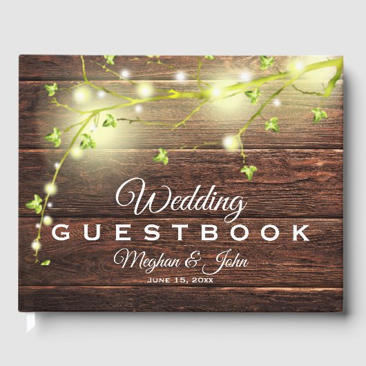 Rustige landhouten Mason Jar String Lights-boom Gastenboek (Voorkant)