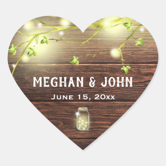 Rustige landhouten Mason Jar String Lights-boom Hart Sticker (Voorkant)