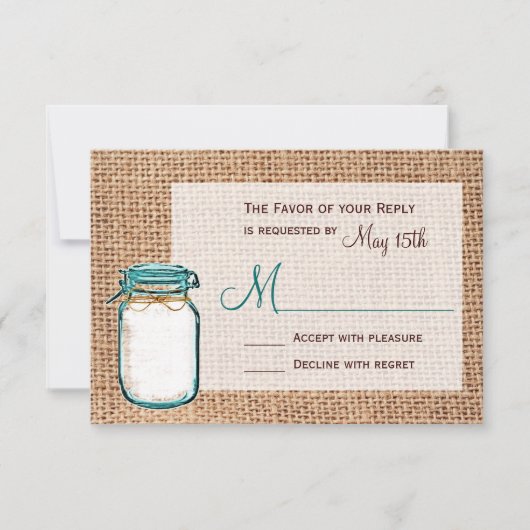 Rustige landkaart Mason Jar Burlap Wedding RSVP-ka RSVP Kaartje (Voorkant)