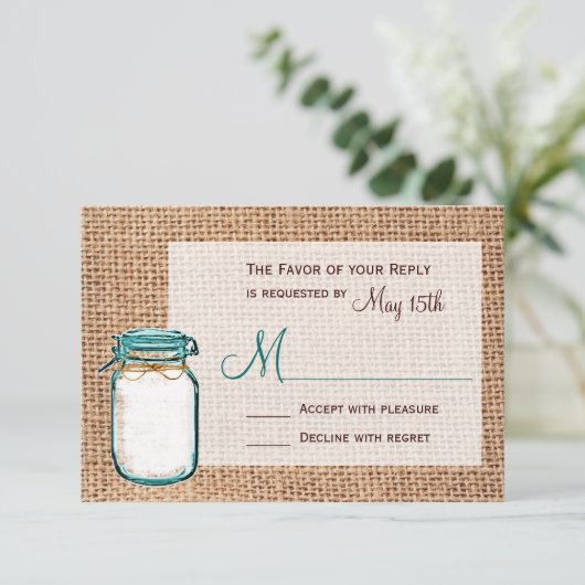 Rustige landkaart Mason Jar Burlap Wedding RSVP-ka RSVP Kaartje (Staand voorkant)