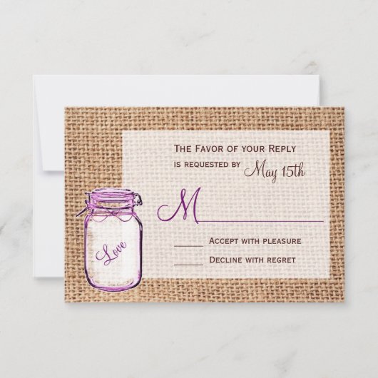 Rustige landkaart Mason Jar Burlap Wedding RSVP-ka RSVP Kaartje (Voorkant)