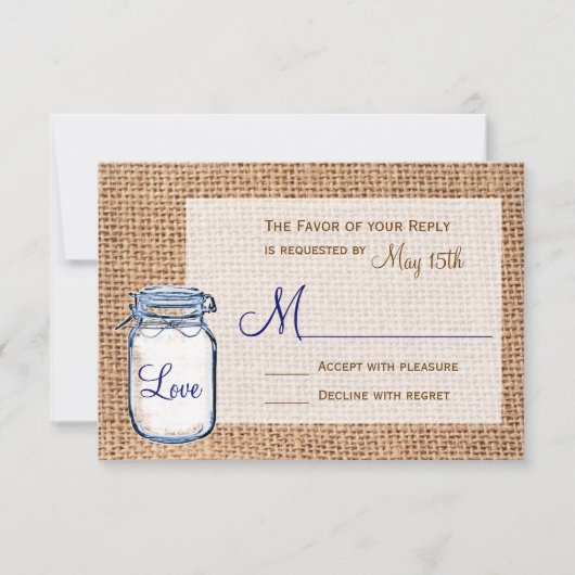 Rustige landkaart Mason Jar Burlap Wedding RSVP-ka RSVP Kaartje (Voorkant)