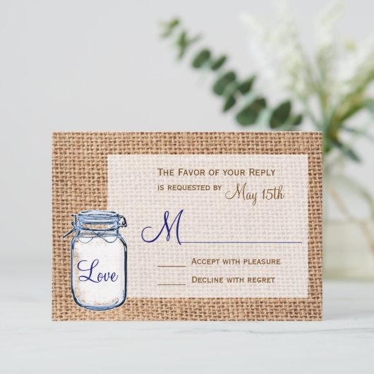 Rustige landkaart Mason Jar Burlap Wedding RSVP-ka RSVP Kaartje (Staand voorkant)