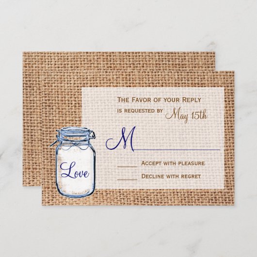 Rustige landkaart Mason Jar Burlap Wedding RSVP-ka RSVP Kaartje (Voorkant / Achterkant)