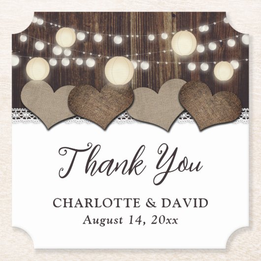 Rustige landlantaarn Barn Wood Burlap Lace Kartonnen Onderzetters (Voorkant)