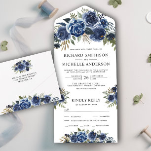 Rustige landmarine Blue Floral Bouquet Wedding All In One Uitnodiging