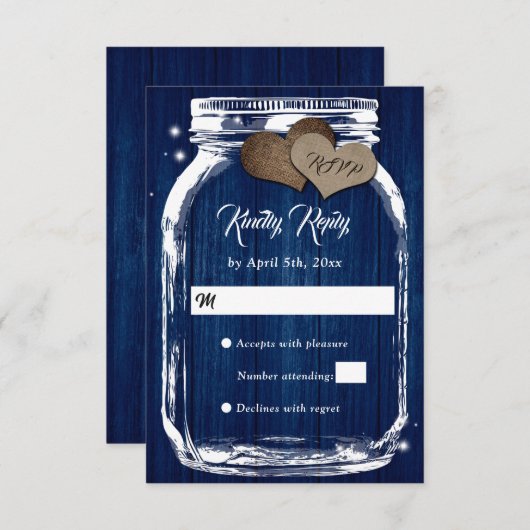 Rustige landmarine Blue Mason Jar Wedding RSVP (Voorkant / Achterkant)