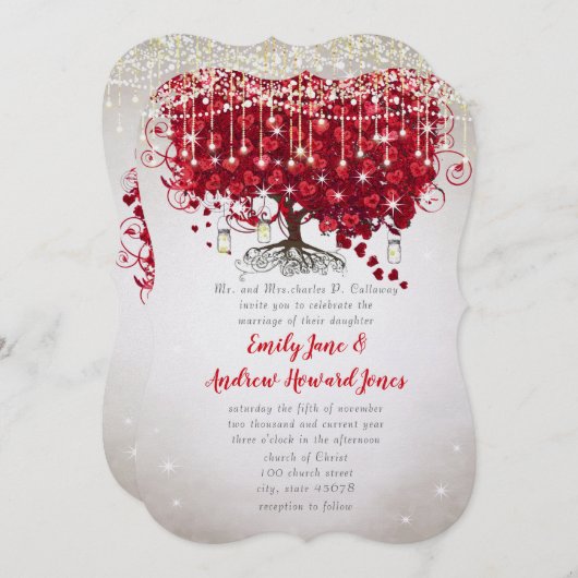 Rustige landmoeras Jar Red en Silver Tree Wedding Kaart (Voorkant / Achterkant)