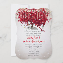 Rustige landmoeras Jar Red en Silver Tree Wedding Kaart