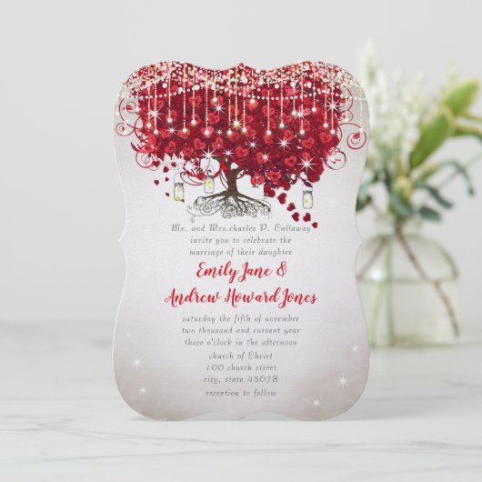 Rustige landmoeras Jar Red en Silver Tree Wedding Kaart (Staand voorkant)