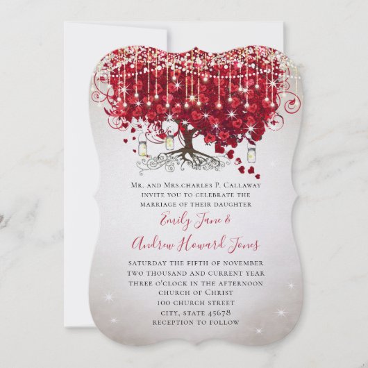 Rustige landmoeras Jar Red en Silver Tree Wedding Kaart (Voorkant)