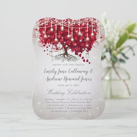Rustige landmoeras Jar Red en Silver Tree Wedding Kaart (Staand voorkant)