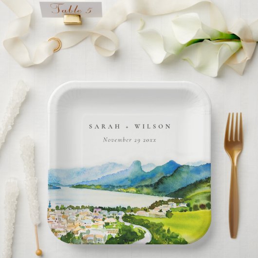 Rustige landschapsbruiloft bij het meer van het do papieren bordje (Huwelijk)