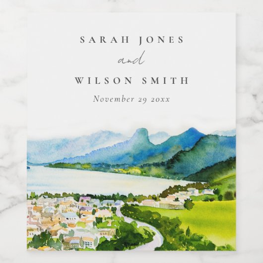 Rustige landschapsbruiloft bij het meer van het do wijn etiket (Enkel label)