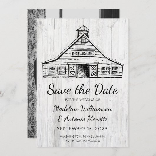 Rustige landschuur Eenvoudig hout Save The Date (Voorkant / Achterkant)