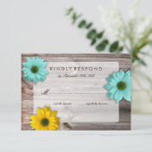 Rustige landschuur met gele en Blauwgroen Daisy RS RSVP Kaartje (Staand voorkant)