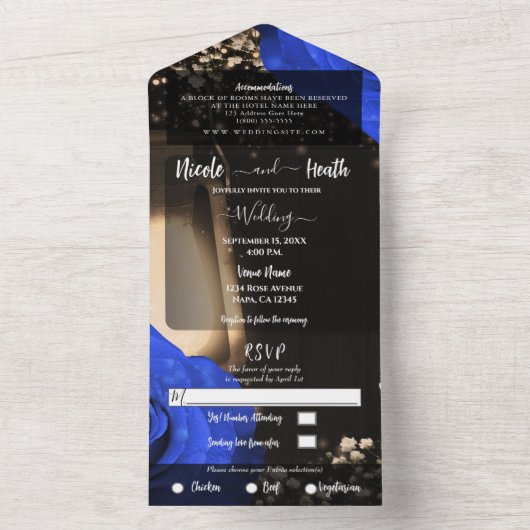 Rustige lantaarn en blauwe Rozen bruiloft + RSVP All In One Uitnodiging (Binnen)