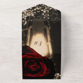 Rustige lantaarn en rode rozen, huwelijk en RSVP All In One Uitnodiging (Buitenkant)