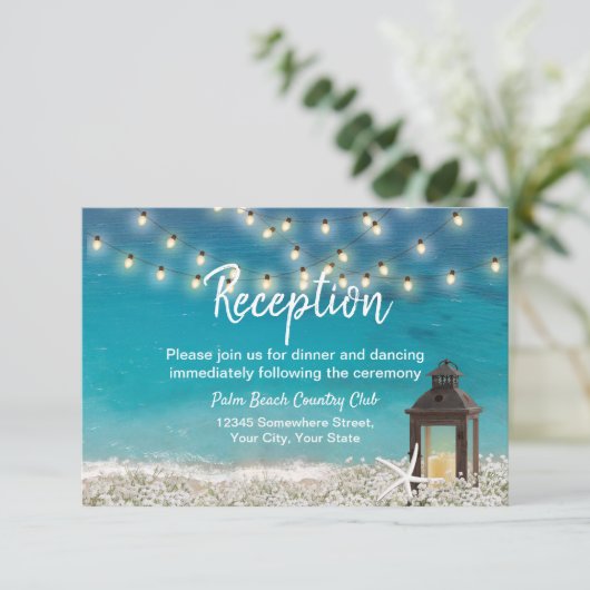 Rustige Lantaarn Starfish Beach Wedding Reception Kaart (Staand voorkant)