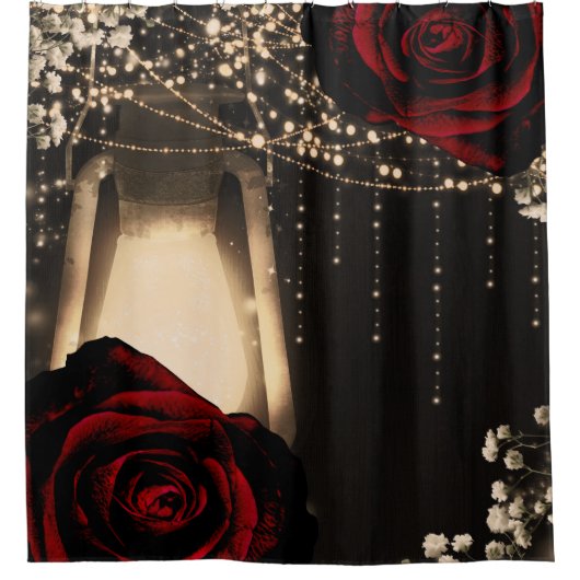 Rustige lantaarns licht en donkerrode rozen Floral Douchegordijn (Voorkant)