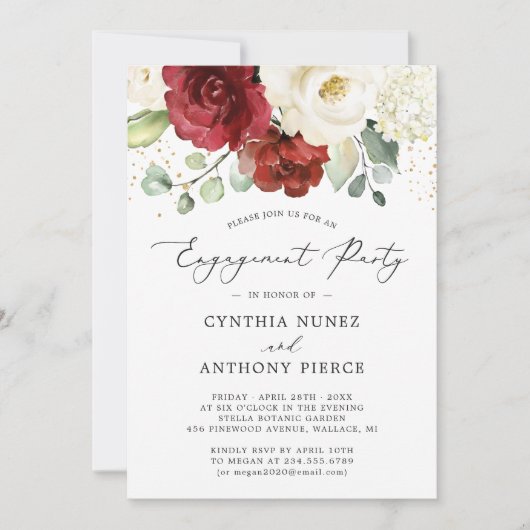 Rustige Latijnse Rode Witte Floral Gold Engagement Kaart (Voorkant)