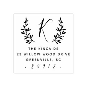 Rustige laurelscript monogram retouradres rubberstempel