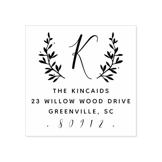 Rustige laurelscript monogram retouradres rubberstempel (Afrduk)